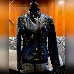 Rocawear Black Leather Jacket Gold Accents Purple Lining